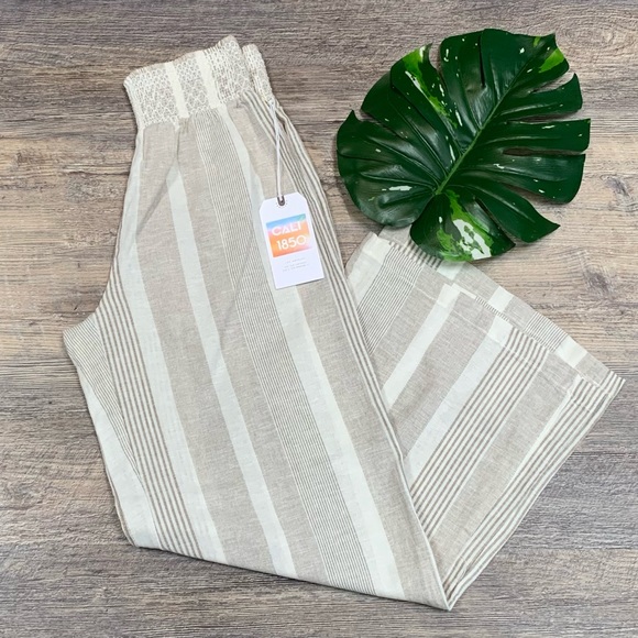 Cali 1850 Pants - Cali 1850 Tan Striped Wide Leg Pants Drawstring Size XL Lounge Beach Pants